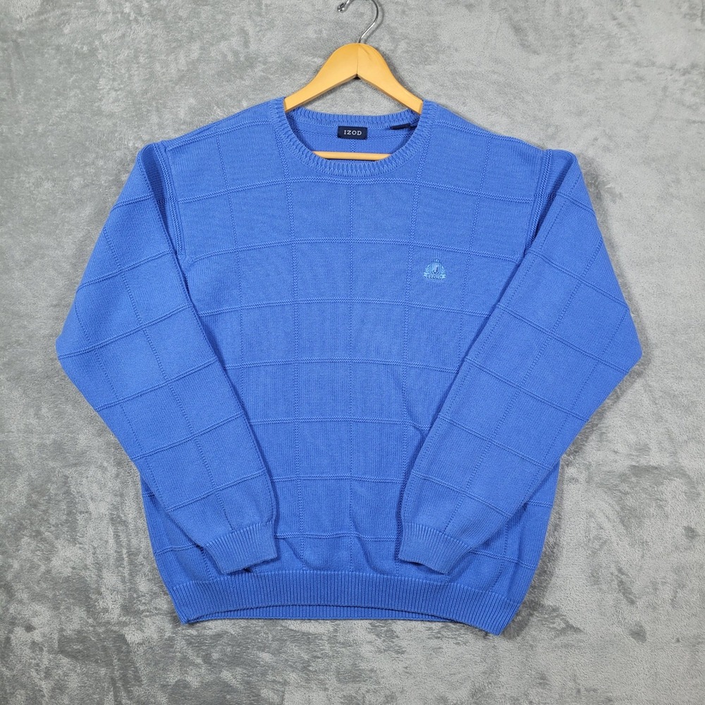 Vintage IZOD Sweater Mens XL Blue Grid Pattern Pullover Cotton Long Sleeve Knit